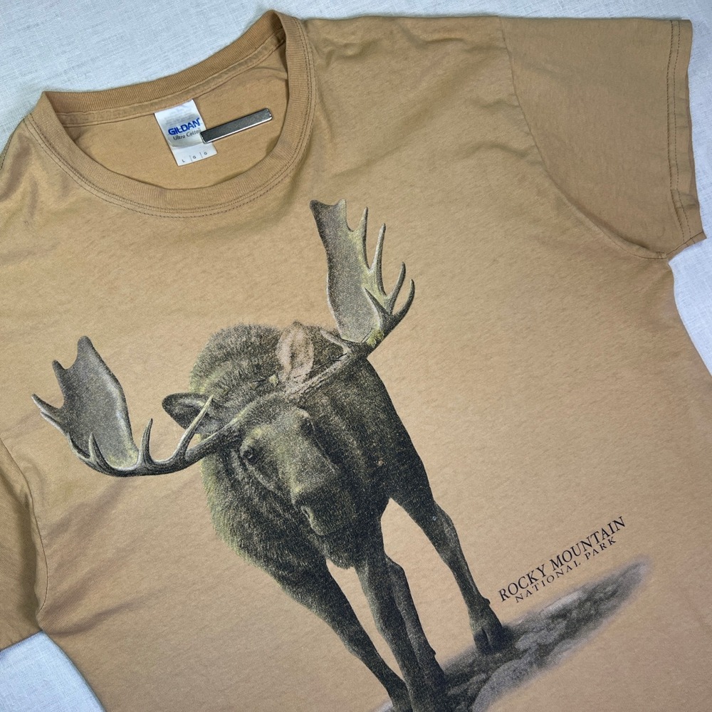 VTG Rocky Mountain National Park Moose T-Shirt Tan Men's Large RMNP Tee Outdoors